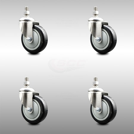 Service Caster 4 Inch 316SS Black Polyurethane Wheel Swivel 12mm Threaded Stem Caster Set SCC-SS316TS20S414-PPUB-BLK-M1215-4
